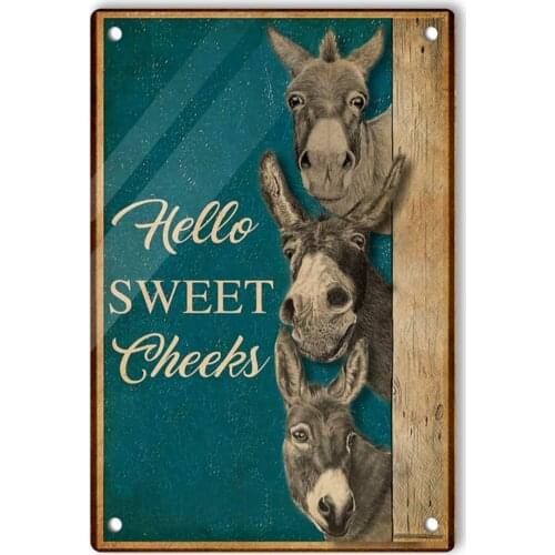 Donkeys Why Hello Sweet Cheeks Retro Tin Sign, Vintage Lightweight Wall Plaque Signs Decor Funny Gifts Men Cave Home Bar