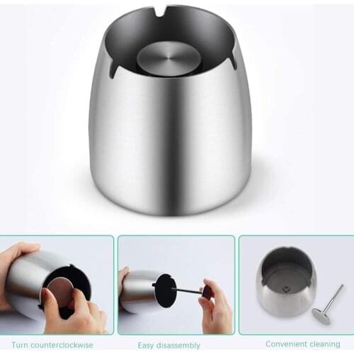 Ashtray Stainless Steel with Lid Heavy Ashtray Storm-Wind Non-Slip Base for Outside and Inside Silver