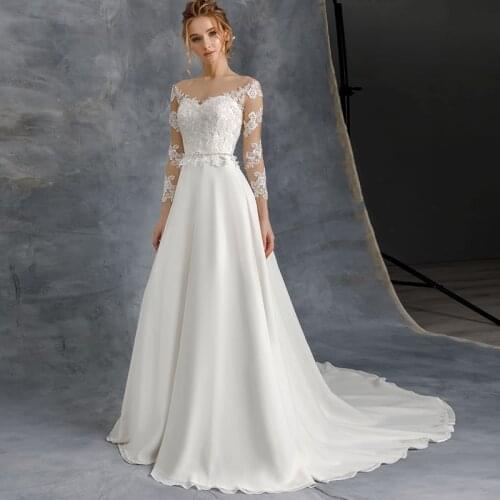 First-class Material 3/4 Sleeves Wedding Dress Scoop Neck Lace Applique Vestido De Noiva Chiffon Bridal Dresses
