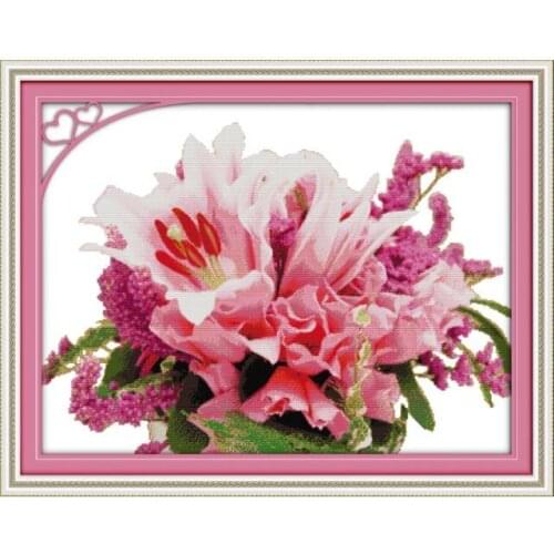 Joy Sunday Pink Lily Counted Chinese Cotton Cross Stitch 14CT 11CT Canvas Printed DIY Embroidery Kits Home Decoration Needlework