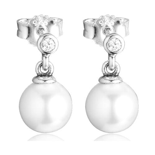 Luminous Elegance Stud Earrings 100% 925 Sterling Silver Jewelry with White Pearl and Clear Cubic Zirconia Free Shipping