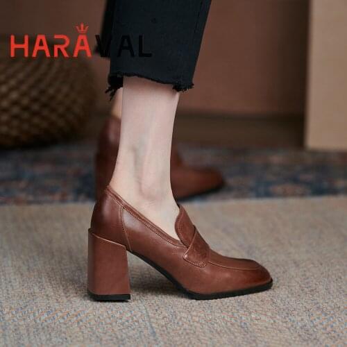HARAVAL Women Pumps Shoes High Heels Round Toe Elegant Office & Career Sewing Brown Black Spring Autumn Fashion Shoes Women A304