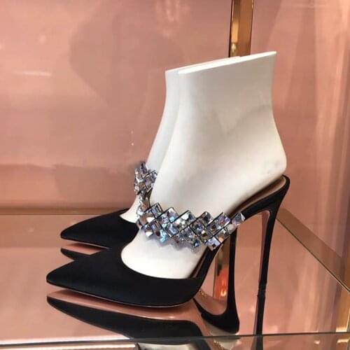 Stylish Bling Bling Crystal High Heel Shoes Black Suede Pointed Toe Slip-on Gladiator Dress Shoes Cut-out Thin Heel Mules
