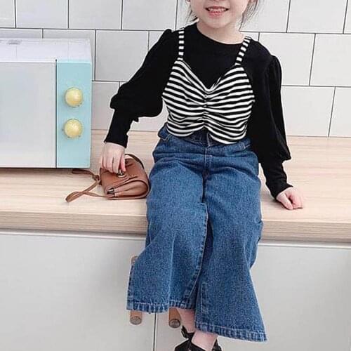 2021 Fashion New Baby Girls Clothes Little Girls Rib Long Puff Sleeve Round Neck Spring Autumn Basic Knitted Blouse Child Shirt