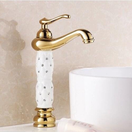 Tall Golden Plated Wite Basin Mixer Taps With Diamond Single Hole Luxury Sink Faucet G1075