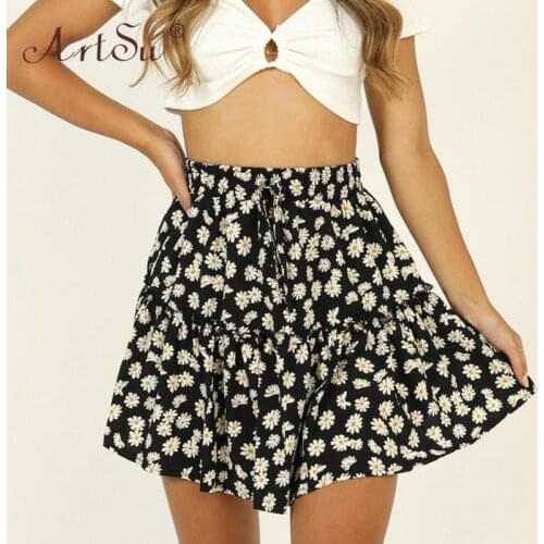 ArtSu 2020 Summer Daisies Floral Print Mini Skirt Women Boho Casual Beach Vacation High Waist A-Line Skirts Black Green Pink XL