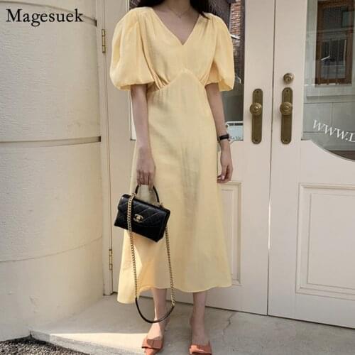 Vintage Summer Dress Women Elegant French Puff Short Sleeve High Waist Loose Dresses Female Yellow Long Dress Robe Vestido 14144