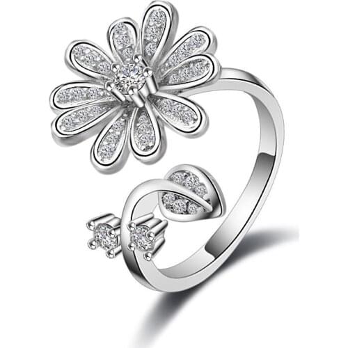 Gu Li Simple Daisy Flower Plants Silver Color Zirconia Crystal Opening Ring For Women Party Jewelry Adjustable Accessories