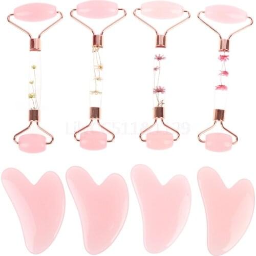 2pcs/set Pink Face Massager Double Head Roller Rose Quartz Stone Gua Sha Slimmer Lift Wrinkle Remover Beeswax