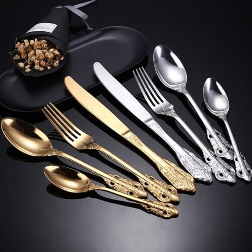 24Pcs Baroque Style Royal Cutlery Set Gold Luxury Dinnerware Stainless Steel Knife Fork Spoon Tableware Suitable Dishwasher