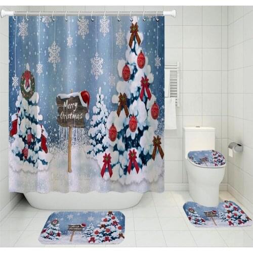 3/4 Pieces Merry Christmas Shower Curtains Sets Christmas Tree Carpet Gift Toilet Mat 3D Print Festival Bathroom Non-slip Set