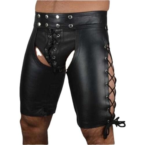 Black Latex Pants Sexy Clubwear Lingerie Shiny Wetlook Leather Ass Free Erotic Short Pants Man Boxer Shorts Drawstring Rivet