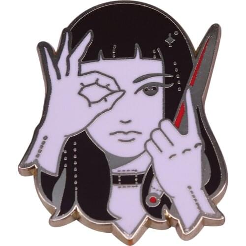 A Girl Long Hair Enamel Brooch Holding Knife OK Position Beofore Her Eye Inspired Badge
