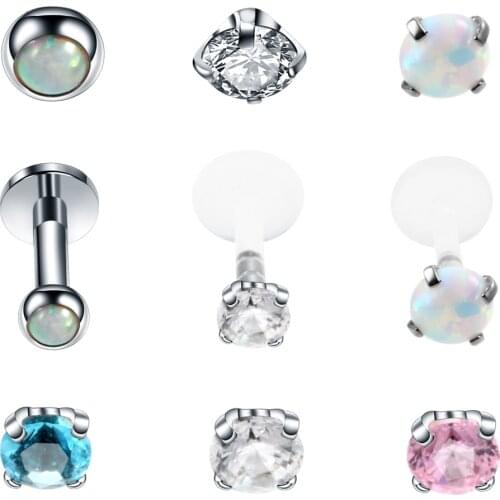 1PC Fashion Opal 316l Steel&PTFE Labret Lip Bar Rings Piercing 16g Crystal Round Zircon Ear Cartilage Tragus Sexy Girls Jewelry