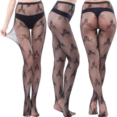Women High Waist Mesh Black Stretch Pantyhose Skull Heart Print Fishnet Tights Stockings Sexy Sheer Patterned Hosiery