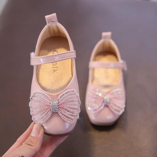 Girls Leather Shoes 2021 New Baby Flats Princess Shoes Sweet for Party Hot In Children Simple Butterfly-knot Wedding Kids Shoes