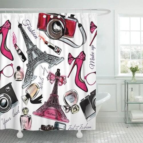 Red Beautiful Perfume Eiffel Tower Cameras and Lipstick Shower Curtain Waterproof Polyester Fabric 72 x 78 Inches
