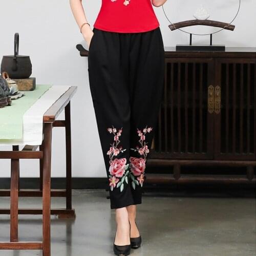 Embroidery Floral Leggings Women Pants 2021 New Chinese Style Pantalon Femme Vintage Bottoming High Waist Elastic Pants 12374