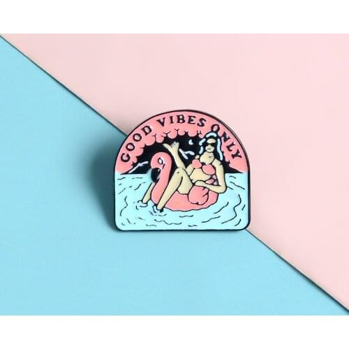 Cartoon custom summer swim duck bikini good vibes enamel brooch alloy badge inch shirt bag pin accessories jewelry gift for kid