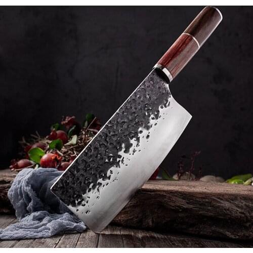 Chinese Hammered Kitchen Knife Wood Handle 9Cr18 Stainless Steel Slicing Knife Sharp Meat Vegetable Chicken Bone Chefs Cleaver