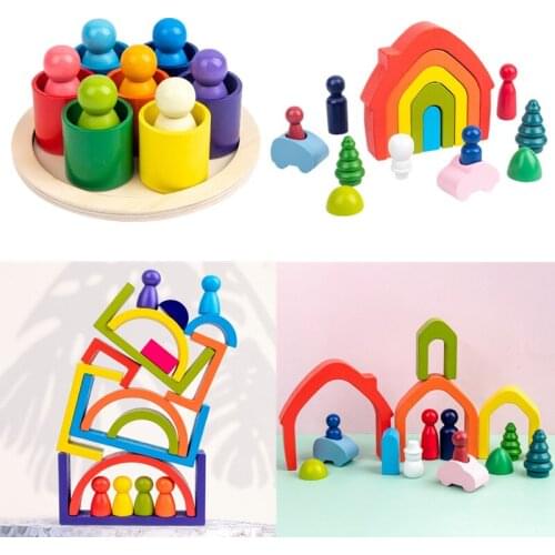 OOTDTY Baby Children Wooden Rainbow House Stacking Game Building Block Kids Creative Educational Montessori Toys Gifts