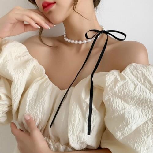 2021 New Arrival Fashion Women Chokers Necklaces Trendy Korean Elegant Imitation Pearl Ribbon Bow With Adjustable Necklace