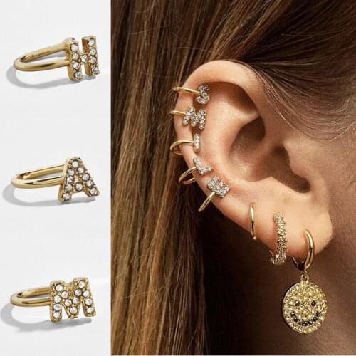 1pcs Fashion Gold 26 Letter Clip Earring For Women Without Piercing Puck Rock Vintage Crystal Ear Cuff Girls Jewerly Gifts