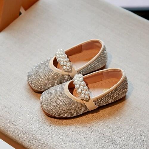 Girl Crystal Princess Shoes 2021 Autumn New Baby Kids One-step Pearl Rhinestone Shiny Fashion Small Leather Shoes Children Shoes