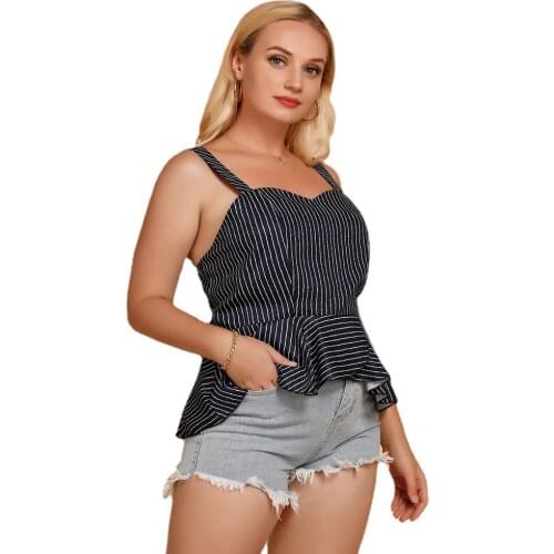 XL To 4XL Plus Size Camisoles Women Tops Ruffles Striped Female Summer Tanks Casual Outerwear T0173