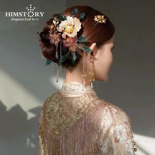 HIMSTORY Chinese Blossom Flower Hair Clips Hairpin Headpiece for Women Bridal Wedding Girls Party Hair Jewelry Accessorie