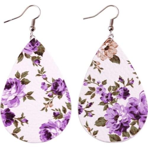 2020 Hot Fashion Bohemian Printed Rose Floral Leather Teardrop Earrings Women Flower Statement Earring Minimalist Jewelry
