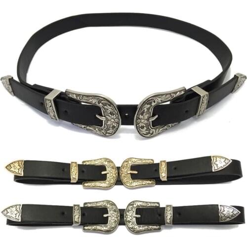 Women Belt Vintage Faux Leather Two Buckles Waist Band for Jeans Dress Pants