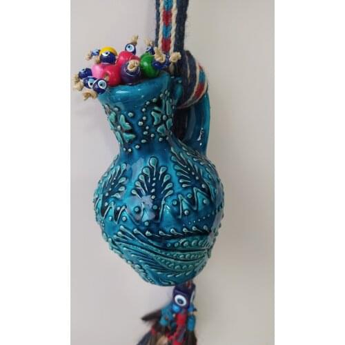 Turquoise Ceramic Pitcher Wall Pendant with Evil Eye Turkish Handmade Ornament Amulet for Wall Hanging Boho Home Decor