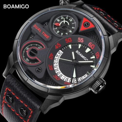 Mens watches fashion men sport quartz watch BOAMIGO brand dual time date wristwatches leather strap waterproof relogio masculino