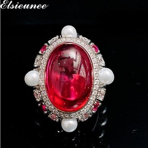 ELSIEUNEE 100% Real 925 Sterling Silver Big Size Ruby Pearl Rings Wedding Anniversary Fine Jewelry Ring Wholesale Drop Shipping