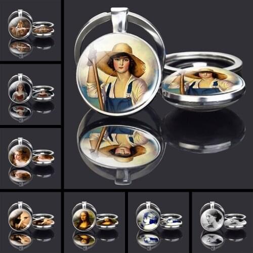 Esspoc Classical Art Photo Keychain Double Sides Glass Cabochon Key Chain for Women Men Gift Bijoux Elegant Jewelry Dropshipping