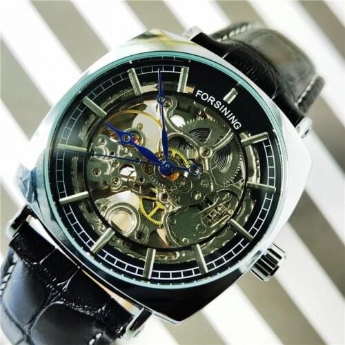 Forsining Top Luxury Design Black Silver Skeleton Leather Belt Square Dial Mens Mechanical Automatic Watches Relogio Masculino
