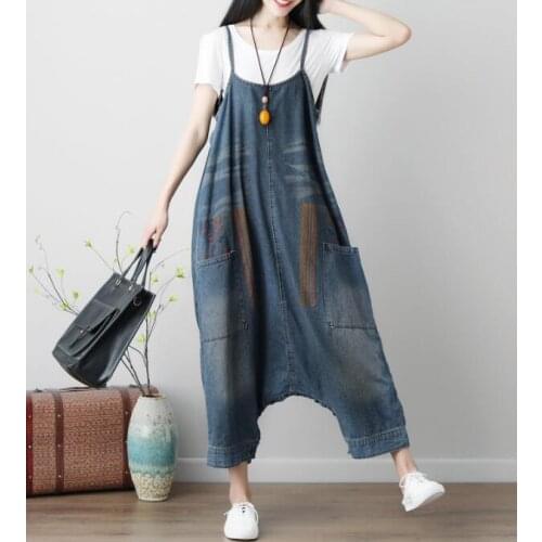 Loose Drop Crotch Jumpsuits Women Baggy Cross Rompers pants Washed Print denim Overalls Hip-Hop harem jeans