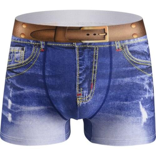 Fashion Men Denim Underwear 3D Print Sexy Boxers Jeans Style Shorts Boxers Mens Cowboy U Convex Pouch Cotton Underpants Panties