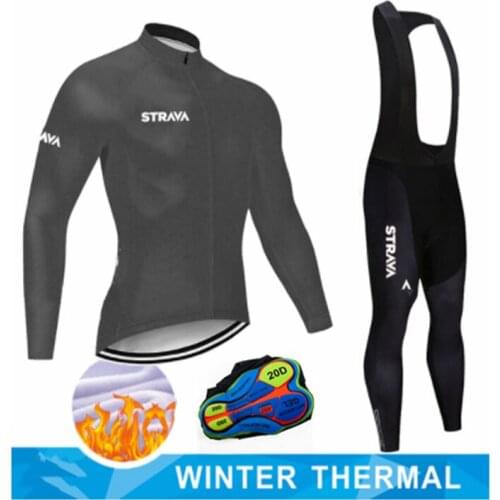 STRAVA Mens Winter Fleece Warm Professional Cycling Jersey Set，Long Sleeve MTB Road Bike Cycle Jersey Suit，Road Bicycle Clothes