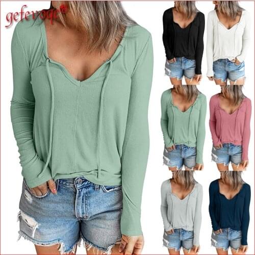 2021 New Autumn Winter Fashion Women Clothing Casual V Neck Long Sleeve Drawstring Sweatshirts Female Solid Pullover Ribbed Tops