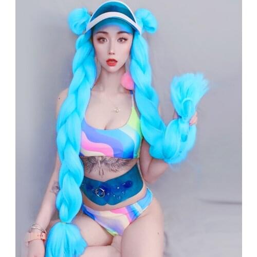 New Nightclub Bar DS Female Singer Stage Costume Sexy Bikini Exaggerated Wig Suit Adult Jazz Dance Costume Party Outfits DWY4225