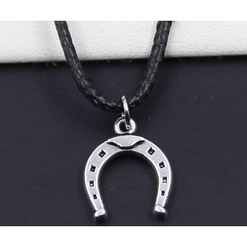 New Durable Black Faux Leather Lucky Horseshoe Horse Pendant Cord Choker DIY Necklace Retro Boho Tibetan Silver Color