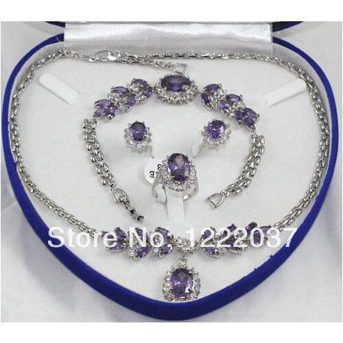 New - noble natural amethysts rhodium-plated jewelry set