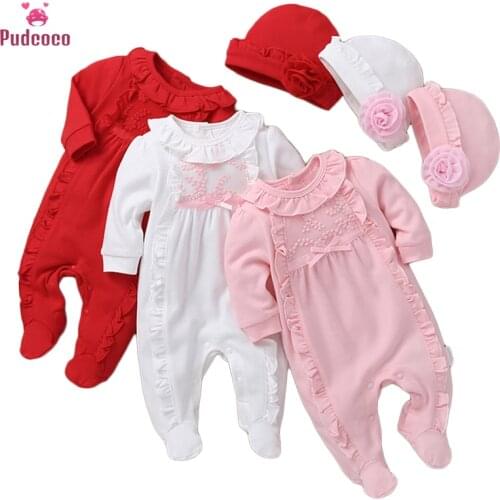 Pudcoco Newborn 18 Month Baby Girl Clothes Hat Lace Solid Floral Ruffle Long Sleeve Bowknow Footies Bebe Bodsuits One Pieces Set