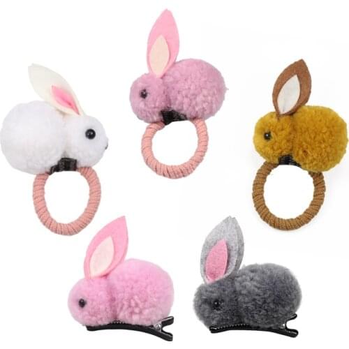 Korean Cute Rabbit Ball Hair Ring Clip female Tie Tope Elastic Hair Bands Hairpins headwear children hair Accessories ornaments