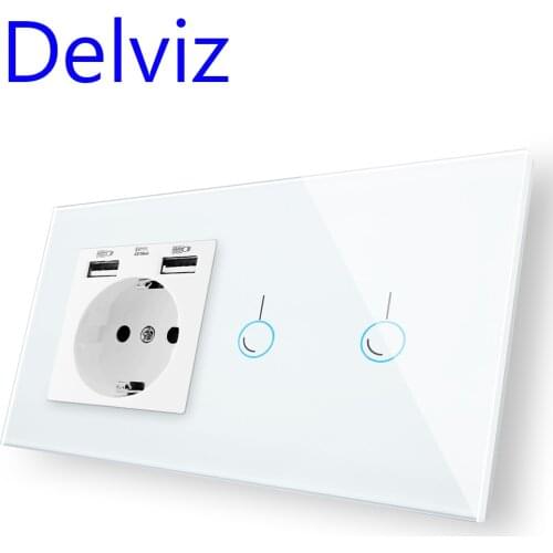 Delviz EU Standard Touch Switch, 2Gang 1Way Control, Crystal Glass Panel, Dual USB Port, Wall Light Switch, 16A usb power Socket