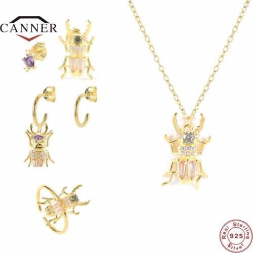 CANNER Real 925 Sterling Silver Piercing Ear Stud Earrings for Women Small Beetle Earring Chain Ring Fine Jewelry Pendientes