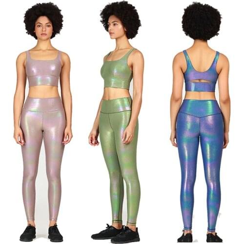 Womens Fashion Solid Color Bronzing Sweatsuits Yoga Wear Suits Crop Top Vest and High Waist Leggings Sports Jogging Tracksuits