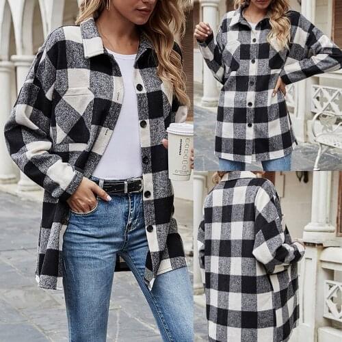 Women‘s Jackets 2021 New Fashion Regular Long Sleeves Plaid Printed Button Open Front Long Cardigan Outerwear Femme Veste куртка
